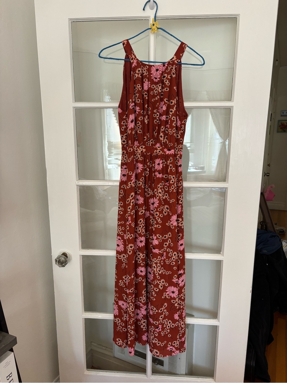 Sleeveless Rust Floral Maxi Dress with Pink Accent